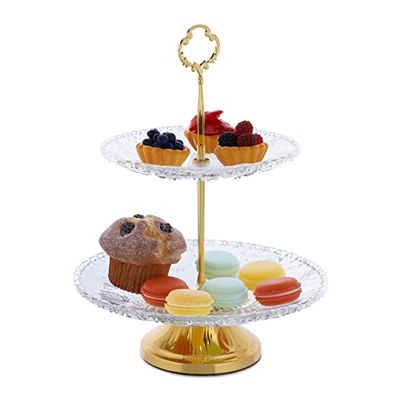 Relaxdays Présentoir à gâteaux, Verre et Fer, H x D : 30 x 23 cm, Plat de Service, 2 étages, Transparent/doré