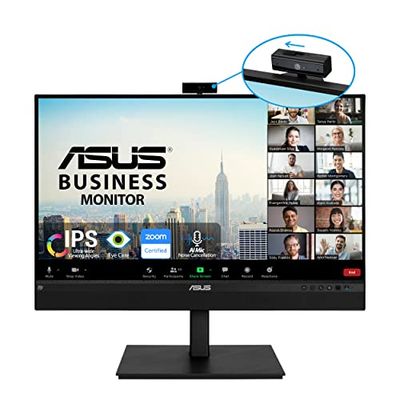 ASUS BE27ACSBK Monitor con Cámara Web, 27 Pulgadas, 2560 x 1440 WQHD, IPS, Sin Marco, Cámara Web Full HD, Cancelación de Ruido con IA, USB-C, Altavoces Estéreo, Baja Luz Azul, VESA