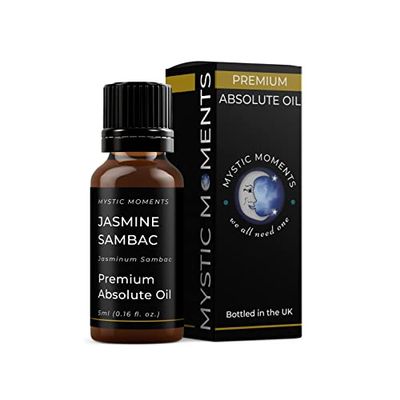 Mystic Moments | Jasmine Sambac Absolute Oil 5ml | Jasminum sambac | Intense Musky Floral Aroma | Solvent Extracted | Middle to Base Note | Natural Perfumery & Aromatherapy | Strong & Concentrated