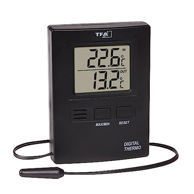 TFA Dostmann Termómetro digital para interior y exterior, 30.1012.01, sensor de cable impermeable, valores máximos y mínimos, temperatura interior y exterior, exclusiva de Amazon, 8,5 cm de alto,