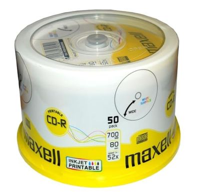 Maxell CD-R 52x White Full Face Inkjet Printable Surface - 50 Discs in Spindle Pack