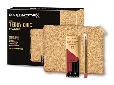 Max Factor, Cofanetto Regalo Donna Teddy Chic, Pochette in morbido tessuto teddy con Rossetto Lipfinity 070 Spicy + Colour Elixir Matita Labbra 5 Brown n Nude