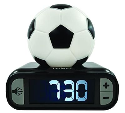 Lexibook-RL800FO Lexibook Digitale a Forma Calcio con Luce Notturna, posticipo della Sveglia, Orologio, Pallone Luminoso, Colore Nero, Batterie Non Incluse, Bianco