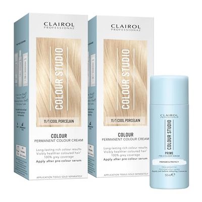 Clairol Colour Studio Permanent Colour Cream x2 Leave-in Pre-colour Serum x1 Prepares and Protects Hair Before Colouring Long-lasting Rich Tones Hair Colouring Kit 11/1 Cool Porcelain