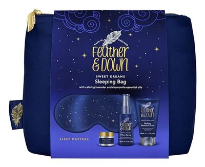 Feather & Down Set regalo sacco a pelo (maschera per gli occhi di lusso, balsamo per dormire, spray per cuscini e crema doccia) - con oli essenziali calmanti di lavanda e camomilla. Vegan Friendly &