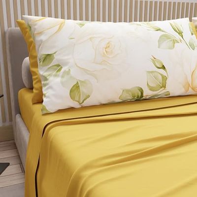 PETTI Artigiani Italiani - Sábanas de algodón con Fundas de Almohada de impresión Digital, sábanas Cama Individual, Juego de Cama Individual, diseño de Flores de Boda, Color Amarillo, 100% Fabricado