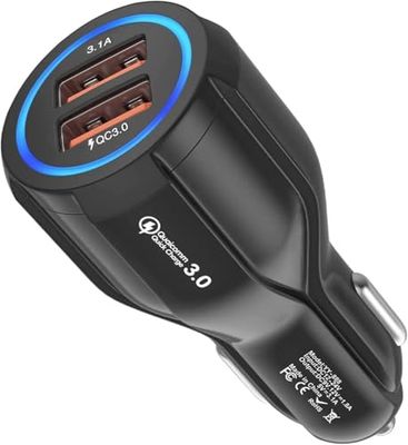 Hoppac USB Auto Laddare,2 Dörrar Bil Laddare,Quick Charge 3.0 USB-cigarettändare Kompatibel med iPhone, ipad Samsung Galaxy S10/S9/S8,Huawei, Xiaomi, Svart