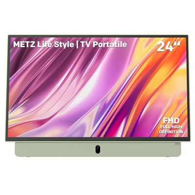 METZ TV Portatile, MPE7200Z, 24", Batteria Incorporata, Ricarica Auto 12V e Power Bank, Anti-glare, LED, FHD Smart, Google TV, HDMI, USB, Bluetooth, Wifi 5, Uscita Antenna, Verde [4 Anni di Garanzia]