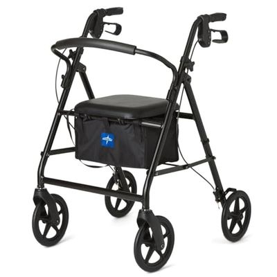 Medline Aluminum Rollator Walker with Seat, Folding Mobility Rolling Walker has 8 inch Wheels, Black