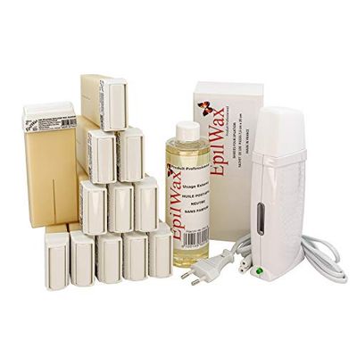 EpilWax Royal Depilatory Kit completo di: Scaldacera professionale, 12 Roll-On di cera da 100 ml di Vaniglia 100 strisce depilatorie, 1 flacone di olio dopocera da 250 ml - (Royal Vaniglia 12)