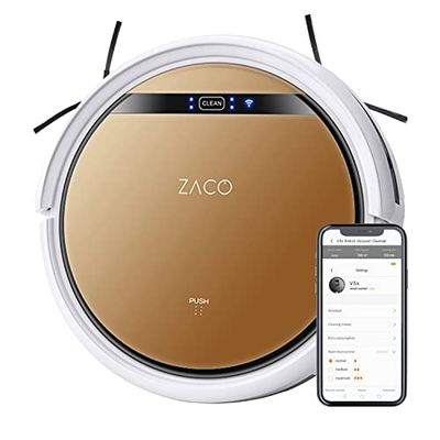 ZACO V5x Robot aspirateur laveur connecté pour poils animaux tapis parquet sols durs, Aspirateur robot laveur autonome sans fils avec Wifi, app, alexa, télecommande, 8.1cm plat, 120min, silencieux