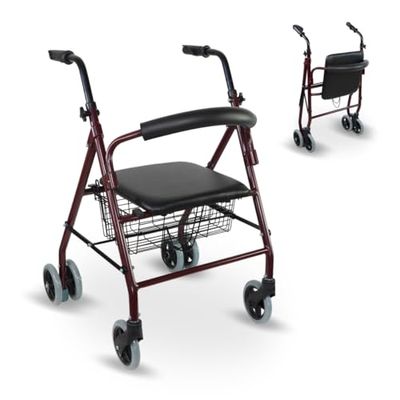 Mobiclinic, Prado, rollator met 4 wielen, looprek, drukrem, zitting en mandje, Bordeaux