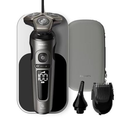 Philips Serie 9000 Prestige Afeitadora Eléctrica Hombre, Máquina de Afeitar Barba con Barbero, 72 cuchillas, 60min de uso, En Seco y Húmedo, Recargable, Base Carga QI, Naricero, SP9871/22, Cromo
