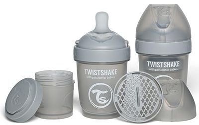 Twistshake 2x Pro Double Anti-Koliek Babyfles met Melkpoedercontainer en Mixer - 180ml | Langzame Stroom Siliconen Borstvormige Speen | BPA-Vrije Babyfles | Geschikt voor Pasgeboren Baby's 0+ | Grijs