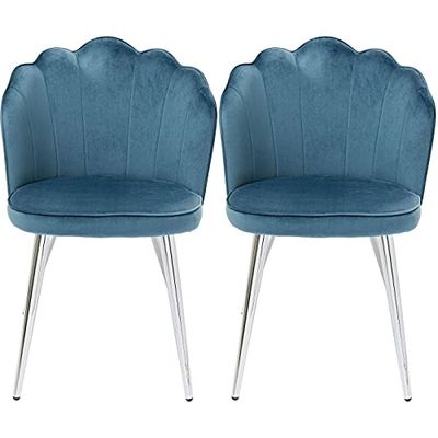 Kare Lot de 2 chaises Design Princess - Bleu - Rembourrées - Aspect Velours - Pieds en Acier - Dossier en Forme de Coquillage - Hauteur d'assise : 47 cm - 82 x 55 x 57 cm (H x l x P)