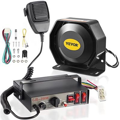 VEVOR Système de Sirène PA avec Haut-Parleur Compact, 200 W, 9 Sons d'Avertissement de Voiture, Klaxon sans Fil, Microphone à Main, Sirène d'Avertissement d'urgence pour Véhicules Camion UTV Voiture