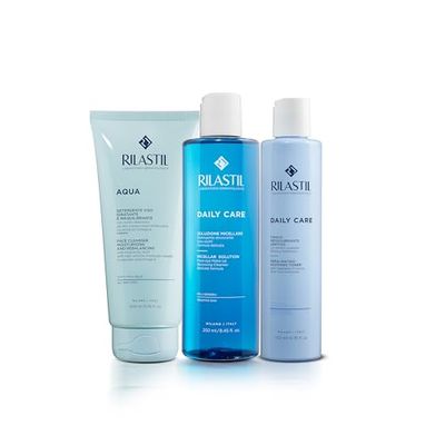 Rilastil, routine detersione con Aqua Detergente, Daily Care Tonico, Daily Care Acqua Micellare