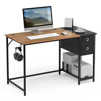 Mondeer Computerbureau, bureau met 2 laden en opbergplank links of rechts, 120 x 60 x 76 cm, industriële stijl, thuiskantoor werkstation studie, rustiek bruin en zwart