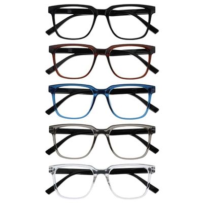 OPULIZE LEO Reading Glasses - 5 -Pack - Large Rectangular Frame - Black, Brown, Blue, Grey, Clear - Mens Womens - Spring Hinges - RRRRR55-1237C - +1.50