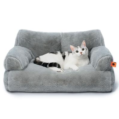 Mewoofun Kattenbed, pluizige en zachte kattenbank, hondenbank, klein hondenbed voor grote katten en kittens - 66 x 48 cm, schattig kattenbed met antislipbodem, grijs