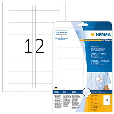 HERMA Name Badge Insert Refills, 12 Pieces Labels per A4 Sheet, 800 Sheets, 75 x 40 mm, 9600 Pieces, Blank Inserts for Name Badges, Printable Card Inserts for Laser & Inkjet Printer, White