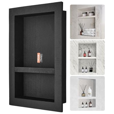 VEVOR Nicchia per doccia pronta per piastrelle 40,6 x 60,96 cm, organizer a doppio ripiano, angolo quadrato nicchia da incasso, protezione sigillata moderna nicchia per doccia bagno, nero