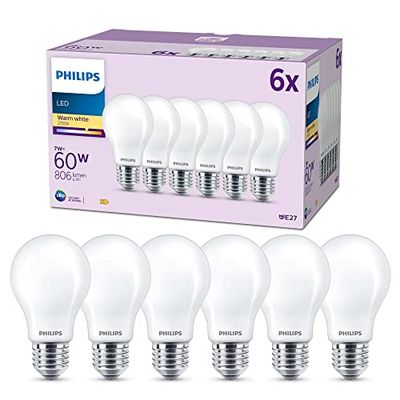 Philips LED Frosted A60 Light Bulb 6 Pack [Warm White 2700K - E27 Edison Screw] 60W, Non Dimmable. for Home Indoor Lighting