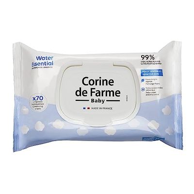 Corine de Farme - Change Water Essential Baby Wipes x70 - Vegetable Fibre Toiletry Product - 99% Ultra-Purified Water - Hygiene from Birth - Resealable Hood