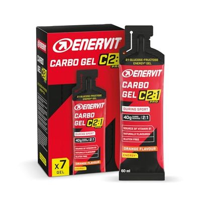 Enervit Carbo Gel C2:1PRO Naranja, Gel Energético con 40g Carbohidratos, Actividades de Alta Intensidad, +50% Carbohidratos Absorbidos, Sin Gluten, Vegano, Alta Digestibilidad, 7 Pack de 60ml