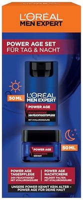 L'Oréal Men Expert Kit per la cura contro le rughe per gli uomini, set regalo con crema da giorno anti-invecchiamento e crema da notte contro la pelle opaca, regali da uomo con acido ialuronico, Power