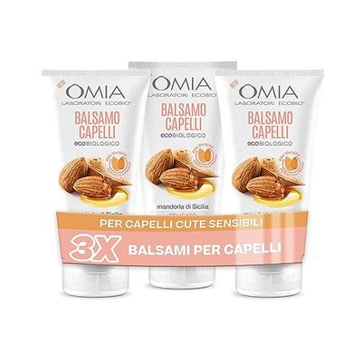 Omia, Balsamo Capelli Eco Bio con Mandorla di Sicilia per Capelli e Cute Sensibile, Formula Delicata, Balsamo per Lavaggi Frequenti, Senza Siliconi e SLES, 3 Flaconi da 180 ml - Esclusiva Amazon