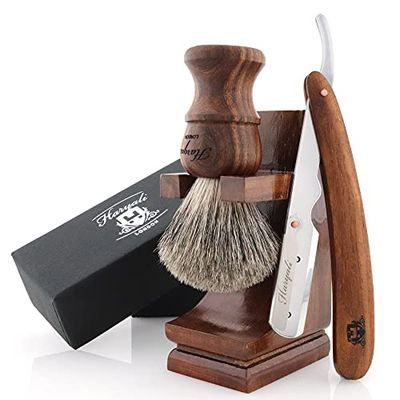 Haryali London Shaving Kit - 3 Pc Wooden Shaving Kit – Professional Cut Throat Razor Kit - Cut Throat Razor - Badger Shaving Brush - Shaving Stand from Wood - Sustainable Gift Set