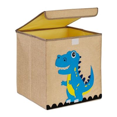 Relaxdays Caisse de Rangement, Dinosaure, boîte en Tissu, pour Enfants, Pliable, HxLxP : 33x33x33 cm, Beige - Bleu Clair