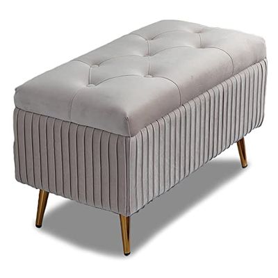 BAKAJI LFNS003 Zitbank met voetensteun voor slaapkamer, fluwelen bekleding, rechthoekig, zacht, ruim, bank, opbergruimte, bekleding, groot houten frame (grijs)