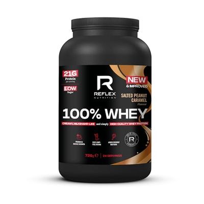 Reflex Nutrition 100% Whey Protein - 80% Pure Whey Protein - EAA Amino Acids - No Added Sugar - Whey Protein Powder for Pre Workout & Post Workout Recovery (Salted Peanut Caramel, 720g, 24 Servings)