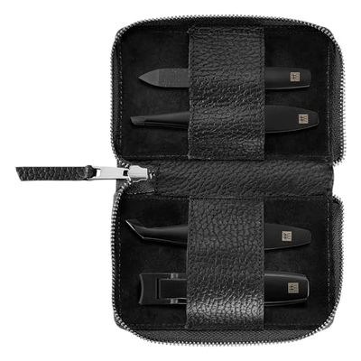 ZWILLING Premium Black Edition 4 Piece Genuine Leather Snap Closure Travel Set with Nail Clippers and Cuticle Cutter