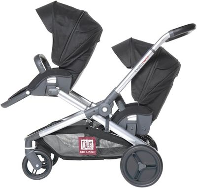 RED CASTLE, Carrinho de bebé gémeos/tandem/duplo, desde o nascimento, assentos reversíveis/encosto de 3 posições, cesta de armazenamento grande, chassis ajustável, modulável, Evolutwin, preto