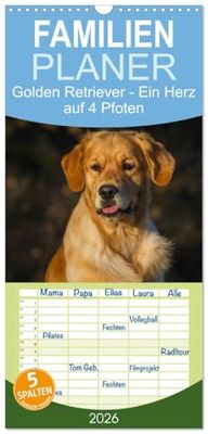 Familienplaner 2026 - Golden Retriever - Ein Herz auf 4 Pfoten mit 5 Spalten (Wandkalender, 21 x 45 cm) CALVENDO: Golden Retriever auf 13 wunderschönen Fotos durch alle Jahreszeiten