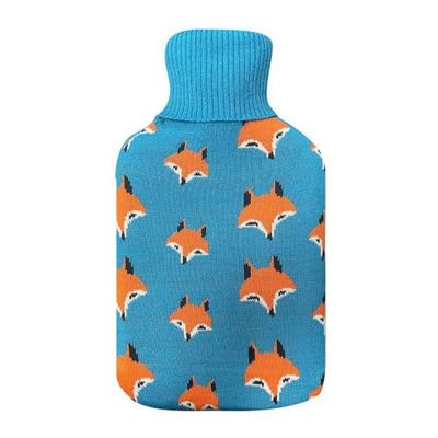 Mimo 1.7L Warmwaterkruik met blauwe voering en vossenmotief, afmetingen: 20 x 32 x 4 cm. Zacht en flexibel, perfect voor opwarmen en ontspannen.