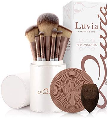 Luvia Cosmetics Pennelli Make Up Professionali Set Prime Vegan Pro, 12 Pennelli Da Trucco Con Contenitore Per Pennelli, Spugna E Tappetino Per La Pulizia Per Pennelli, Madreperla/Caffè
