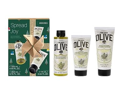KORRES OLIVE BLOSSOM Coffret cadeau pour homme et femme, lait corporel 200 ml, gel douche 250 ml et crème pour les mains 75 ml, végétalien