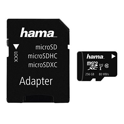 Hama Carte Mémoire Micro SDXC 256GB + Adaptateur (Carte MicroSD Class 10 UHS-I 80 MB/s V10, Garantie 5 Ans, Idéale Photos, Vidéos, Musiques, Console Switch)