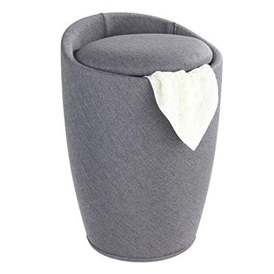 WENKO Sgabello portabiancheria Candy grigio effetto lino - Wohnhocker, Badhocker, Wäschesammler mit abnehmbarem Wäschesack, ABS, 36 x 50.5 x 36 cm, Grigio
