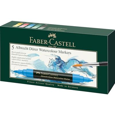 Faber-Castell 160305 aquarelmarker Albrecht Dürer met dubbele punt voor vlakke en nauwkeurige verfapplicatie, 5-delige etui, kleurrijk