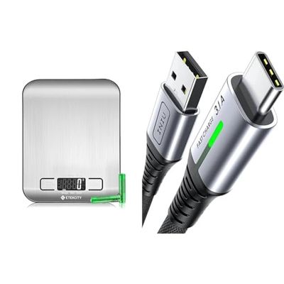 Etekcity Digital Kitchen Scales, Premium Stainless Steel Food Scales, Professional Food Weighing Scales & INIU USB C Charger Cable 2m 3.1A Type C Cable Charging, Braided USB A to USB-C Phone Charger