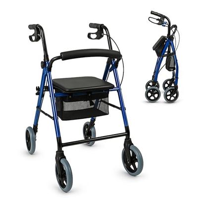 Mobiclinic, Déambulateur 4 roues, Mod. hércules, Marque européenne, Pliable et réglable, Rollator, Avec siège, Panier freins, Léger, Bleu