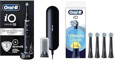 Oral-B Pack Brosse A Dents Electrique iO10 et Brossettes Ultimate Clean, ORIGINALES, Lot De Manche Oral B Noir avec Un Embout Rond Et 7 Modes De Nettoyage, 4 Têtes Noires, Brossage En Profondeur