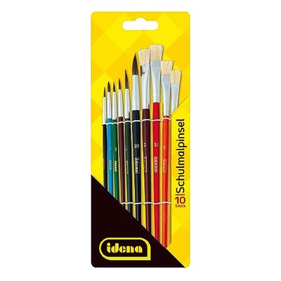 Idena 60103 - Set di spazzole per la scuola, set da 10 con 6 spazzole rotonde e 4 spazzole di setola, verniciate