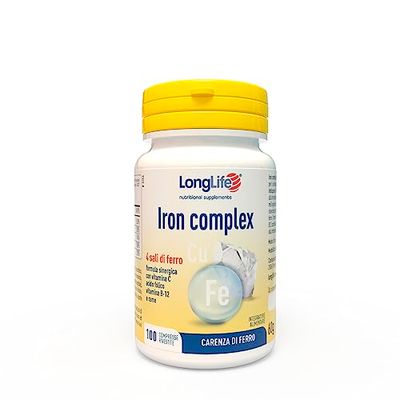 LongLife® Iron Complex | 4 sali di ferro ad alta biodisponibilità | Con vitamina C e B12, acido folico e rame | Ricarica e riduzione stanchezza | Vegan e senza glutine