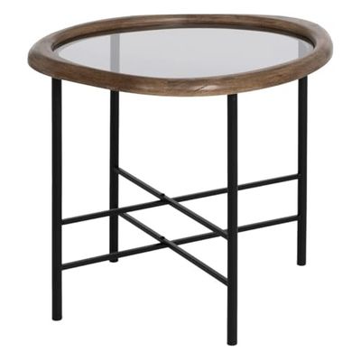 BigBuy Home Mesa Auxiliar Negro Natural Cristal Hierro Madera de Caucho 61 x 50 x 53 cm
